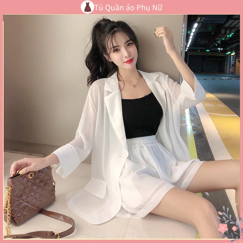Qu > ng > n > o Bộ Áo Khoác blazer + Quần Short Vải Voan Mỏng Chống Nắng Phong Cách Phương Tây Cho Nữ
