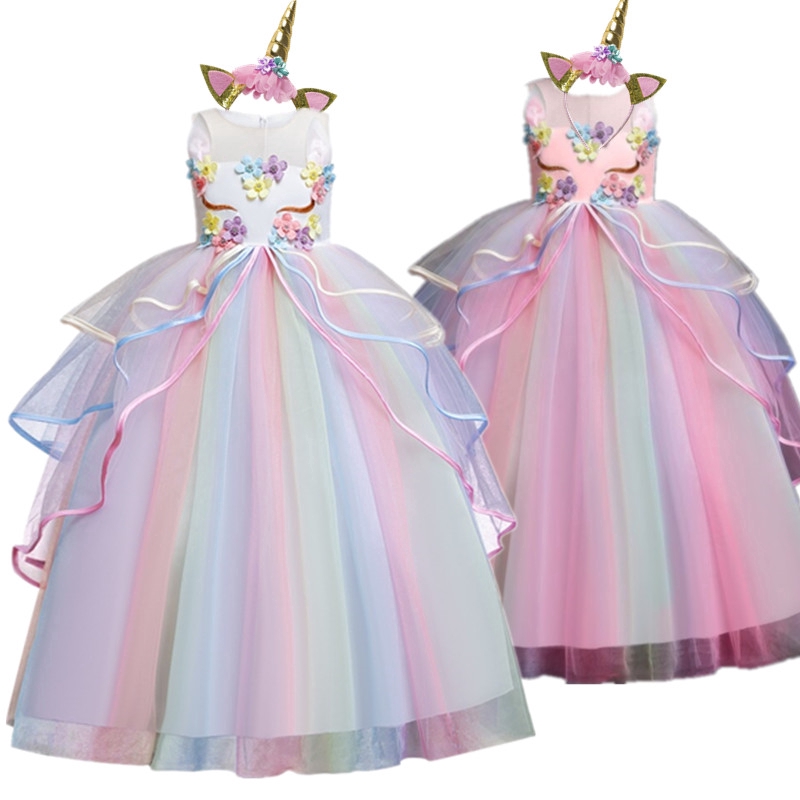 Đầm Dài In Hình Kỳ Lân Và Hoa Cho Bé Gái