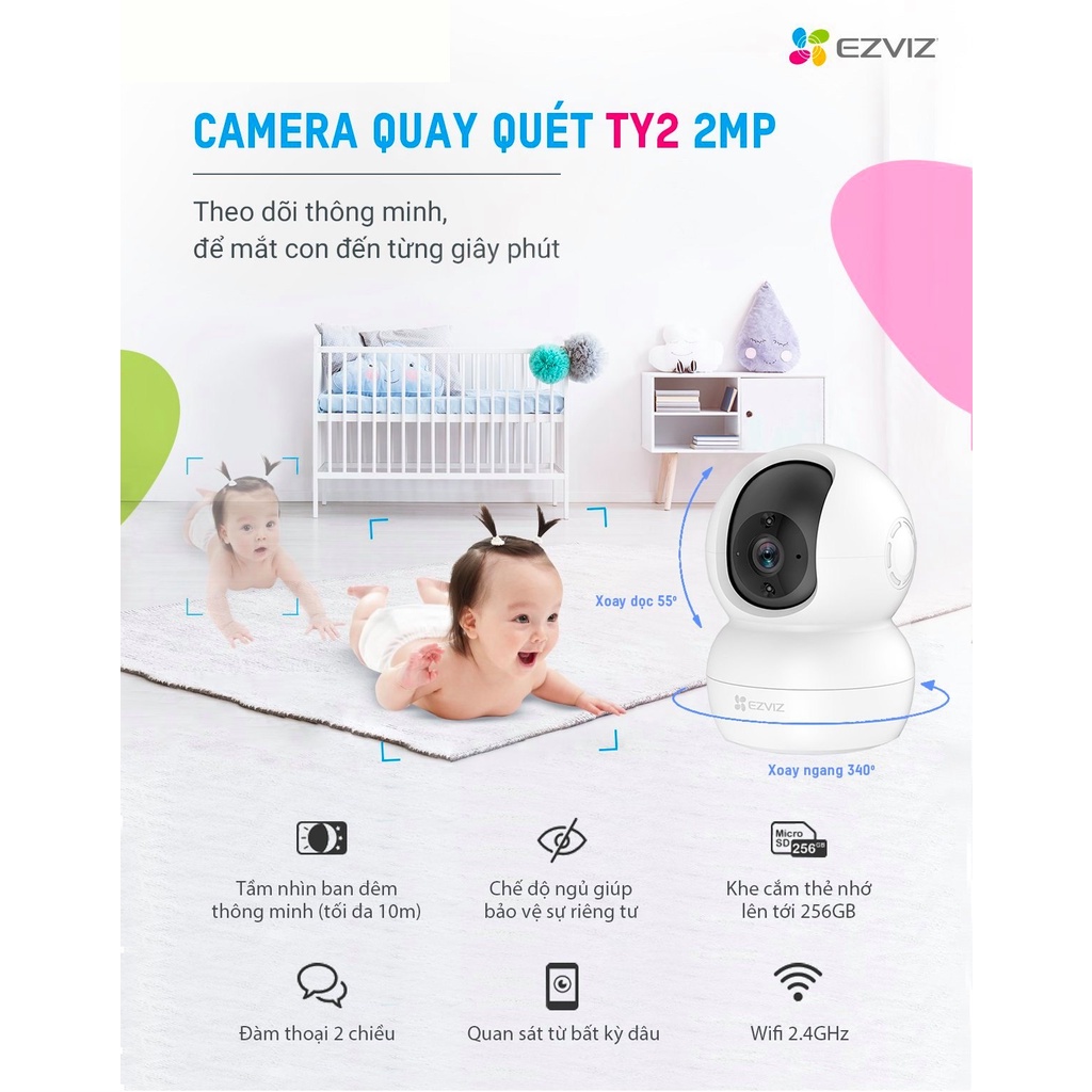 [MUA 2 TẶNG 1 QUÀ EZVIZ] Camera EZVIZ TY2 trong nhà, độ phân giải 1080P camera cho ban đêm hồng ngoại 10m,