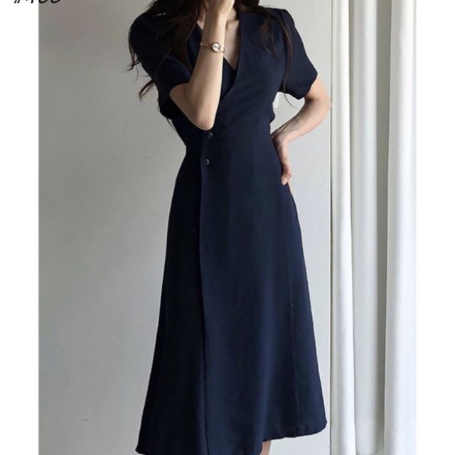 Đầm navy đắp chéo 3 nút (có ảnh thật)