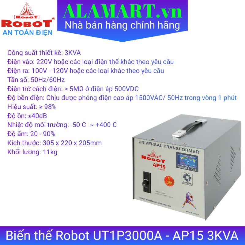 Biến thế đổi điện áp 220v thành 110v Robot UT1P3000A - AP15 3KVA