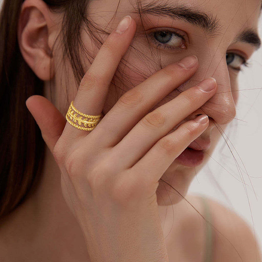 Nhẫn Hở Hình Chiếc Lá Màu Vàng Bằng Thép Không Gỉ Thời Trang Cho Nữ