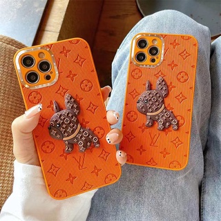 Ốp điện thoại màu cam viền kim loại họa tiết chú cún thích hợp cho iPhone 13 12 11 Pro Max XS Max XR X 8 7 Plus