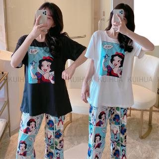 Pajama women's summer cotton short sleeve long pants suit Korean cartoon student two piece thin home clothes Capris