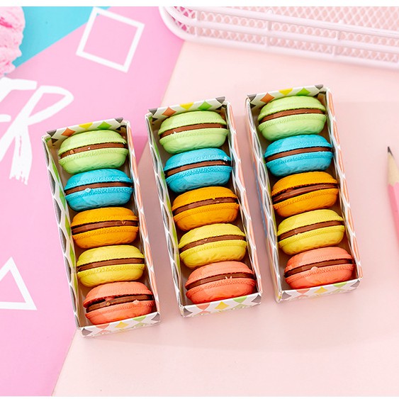 Gôm tẩy bút chì hình bánh macarons dễ thương hộp 5 gôm tẩy nhiều màu sắc