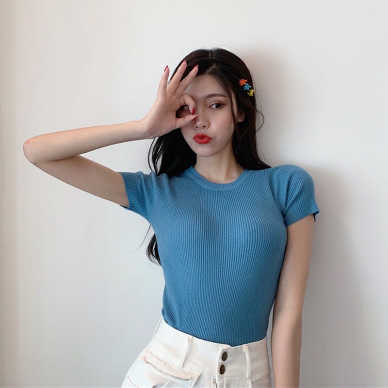 Áo Thun Baby Tee Nữ Tay Ngắn Áo Phông Áo Thun Dệt Kim Tay Ngắn Cổ Tròn Thiết Kế Tôn Dáng Cho Phái Nữ