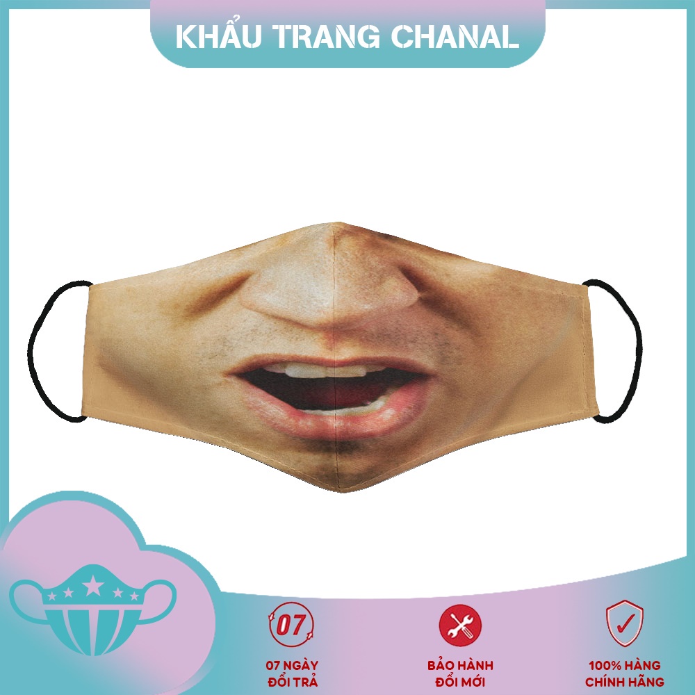 khẩu trang y tế màu xanh In Hình Mặt Đàn Ông 26 CHANAL Chất Liệu Vải Mềm Dày 2 Lớp Chống Nắng, Phòng Dịch Bệnh, Lọc Khôn