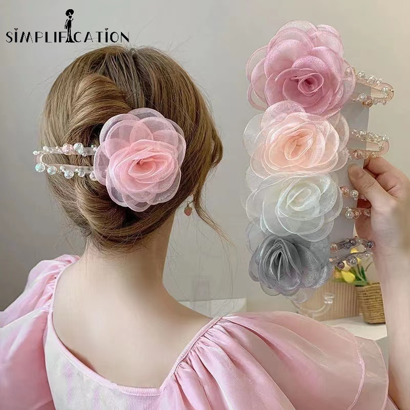 Kẹp Tóc Hình Hoa Hồng/ Cá Mập Bằng Lưới Đính Ngọc Trai Xinh Xắn Thời Trang