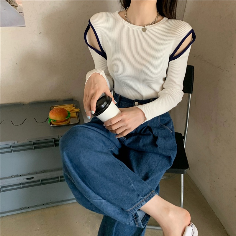 Áo sweater dệt kim tay dài hở vai thời trang Hàn Quốc quyến rũ