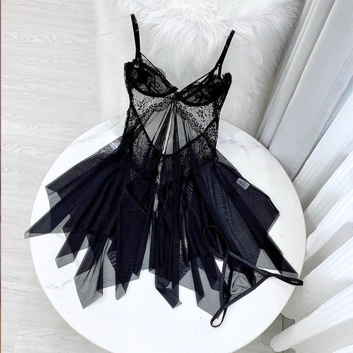 Váy ngủ sexy xẻ trước xuyên thấu cài nút ngực màu trắng tinh khôi BT42238A