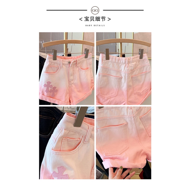 Pink gradient cross denim shorts women's summer 2022 new small ins fashion high waist hem straight pants