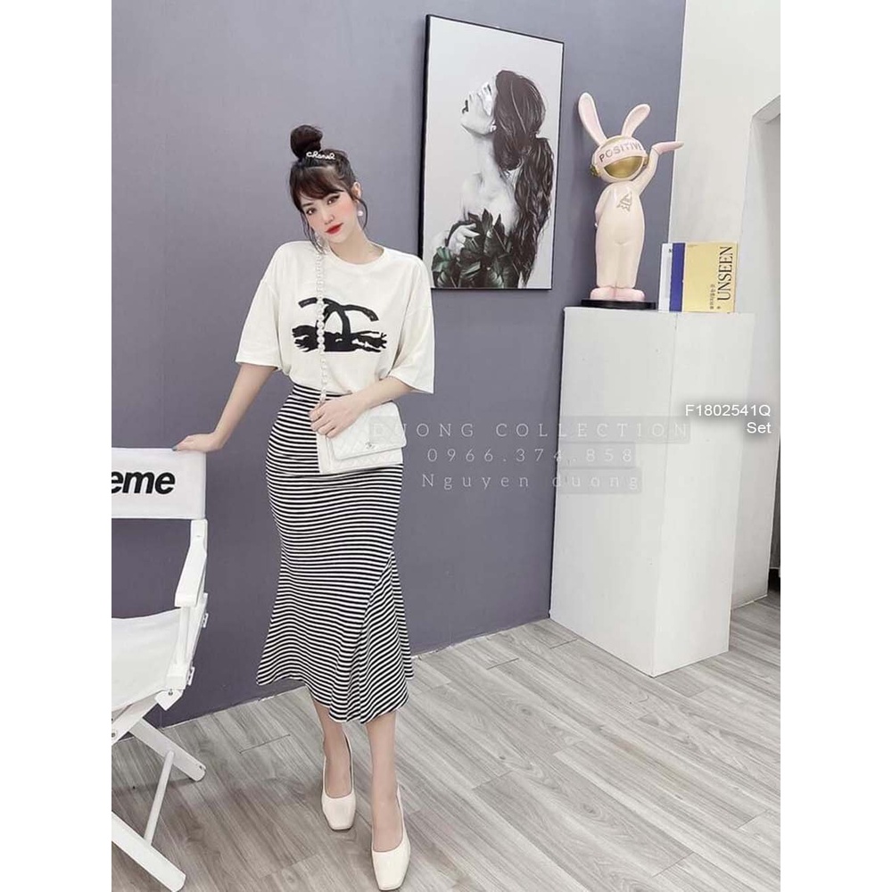 Set áo thun trắng tay con phối chân váy sọc đuôi cá dáng dài!