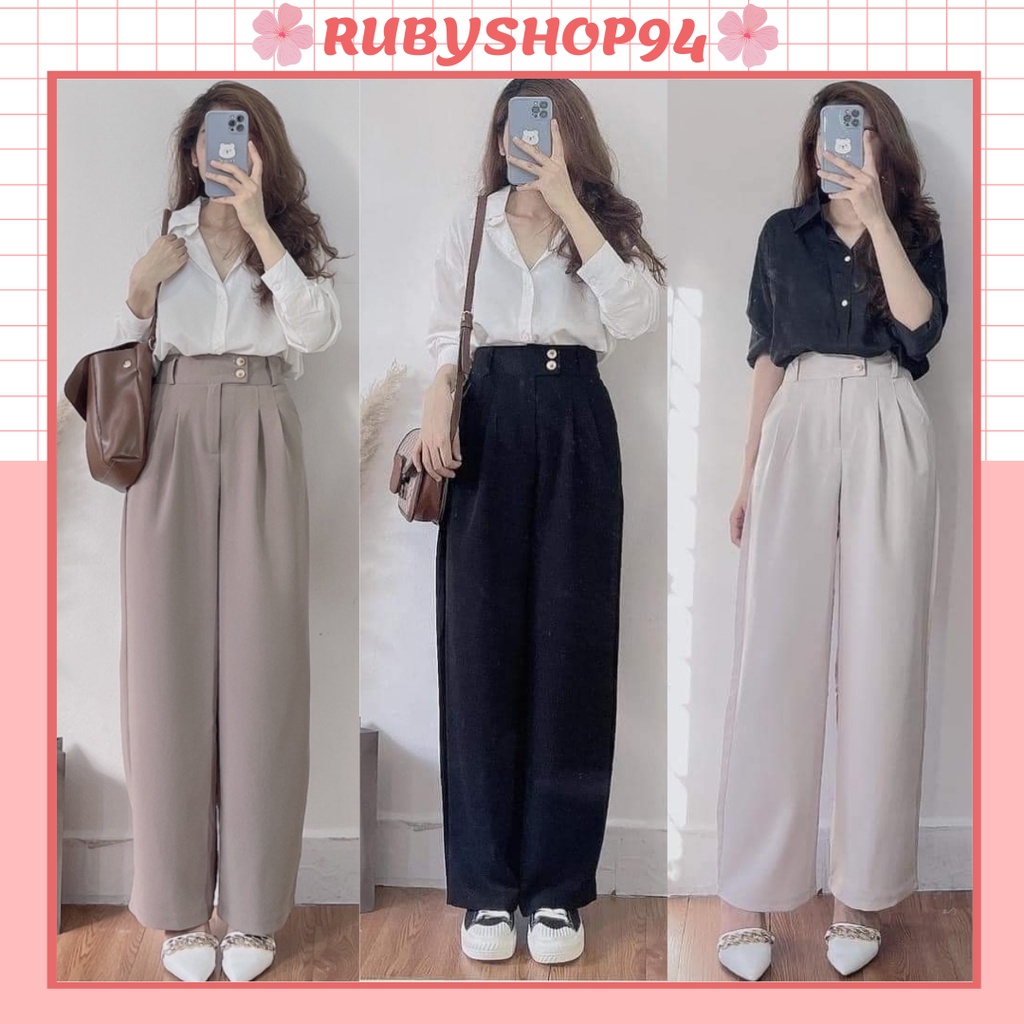 Quần tây ống rộng cạp cao 2 cúc dáng suông vải lụa hàn Quần 100cm cạp lệch phong cách Hàn Quốc