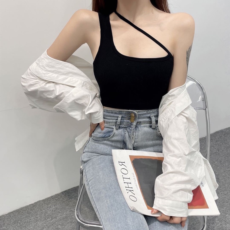 Áo Croptop Hai Dây Chéo Lệch Vai Dáng Ôm Hở Vai Có Mút Đệm Ngực Phong Cách Hàn Quốc Thời Trang Quyến Rũ