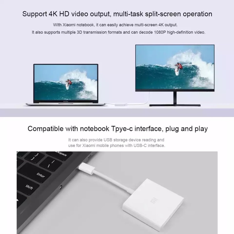 XIAOMI bộ chuyển đổi Type C sang HDMI 4k và USB 3.0 + Sạc tương thích mọi thiết bị Type C