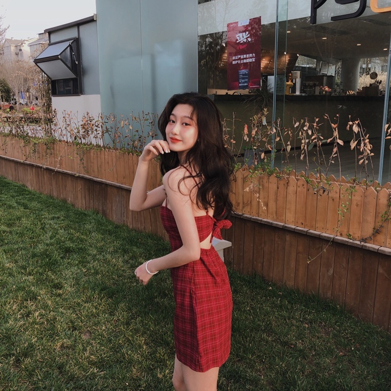 IELGY Đầm Hai Dây Dáng Ôm Eo Cao Họa Tiết Sọc Caro Thời Trang Cho Nữ