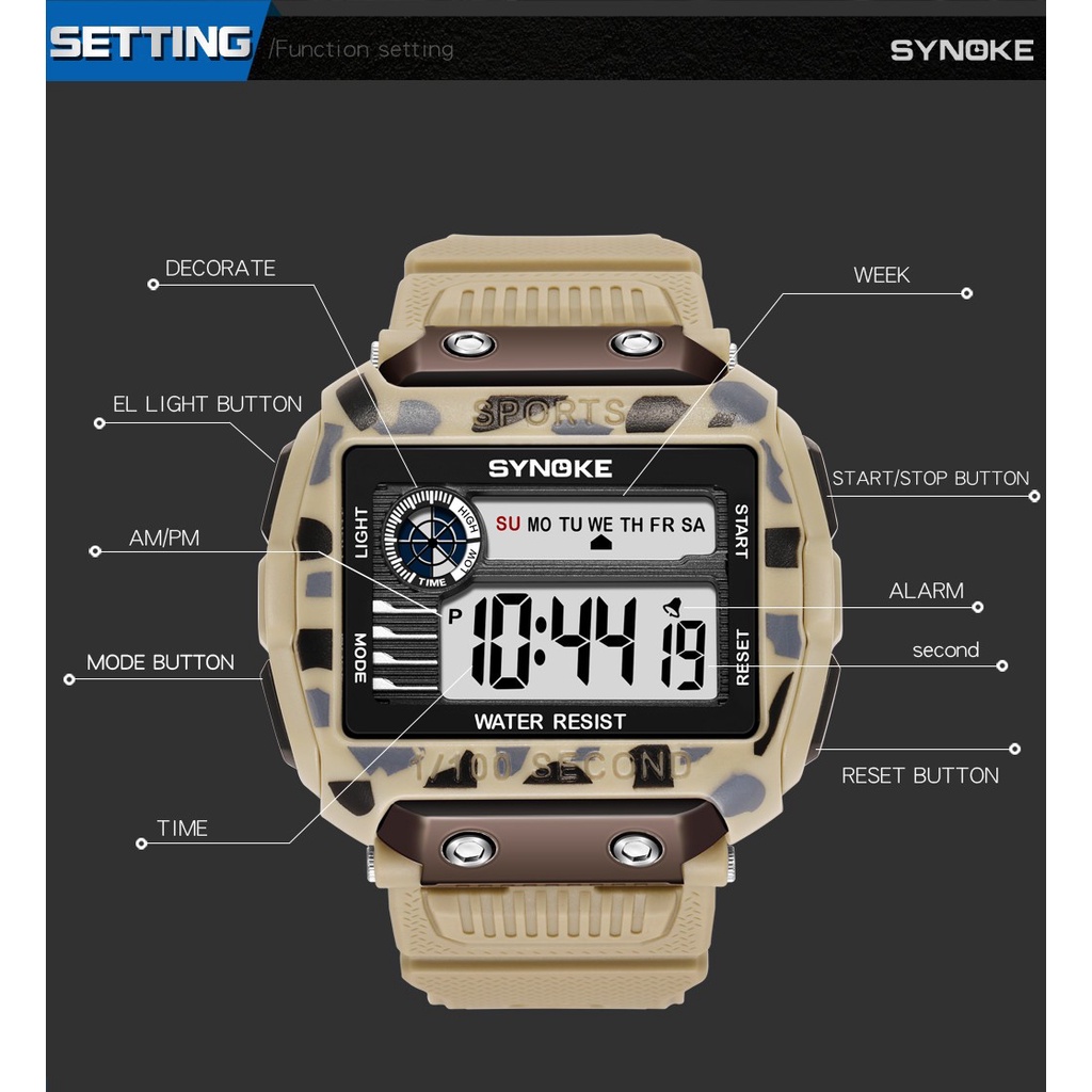 Đồng hồ nam SYNOKE Big Dial Digital 50M Đồng hồ điện tử phát sáng chống nước Đồng hồ thể thao