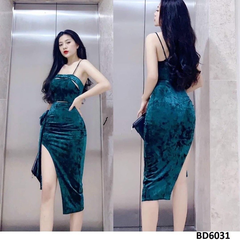 Đầm nhung 2 dây xẻ đùi