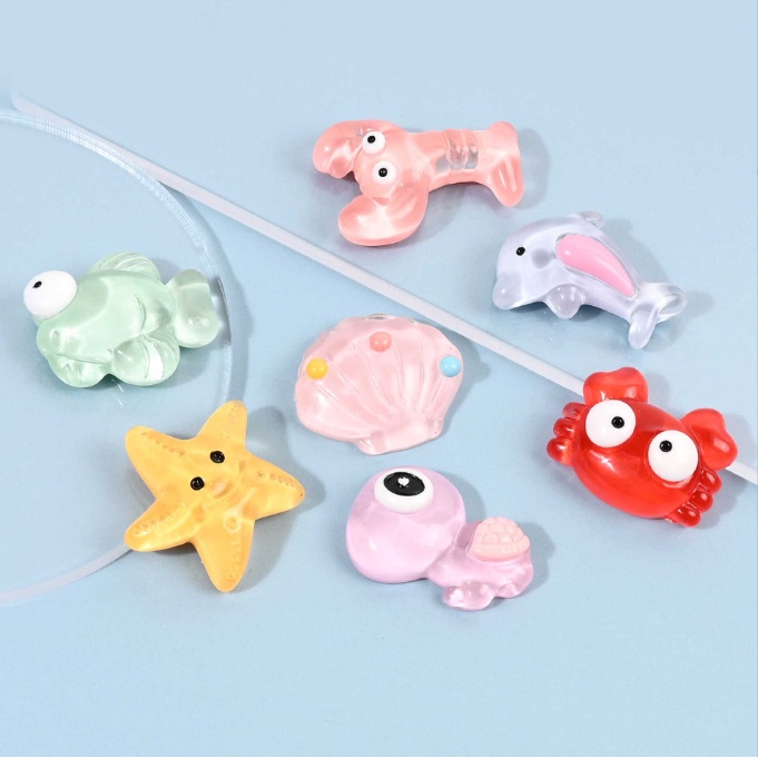 Charm vỏ sò, cá heo, sao biển, cua đỏ, tôm trong suốt trang trí kẹp tóc, dán Jibbitz, vỏ ốp điện thoại, DIY