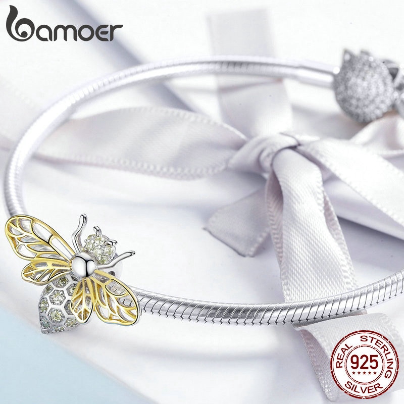 Bamoer Hạt Charm Bạc 925 Hình Con Ong Đính Đá Pha Lê DIY Sang Trọng Cho Nữ