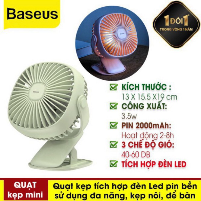 [CHÍNH HÃNG] Quạt Để Bàn Mini - Quạt Nhỏ Để Bàn Tích Điện Baseus Pin 2000mah Có Kẹp Tiện Dụng Tích Hợp Đèn Ngủ