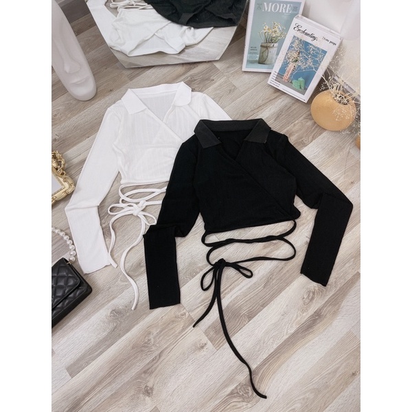 Áo croptop tay dài vạt chéo thắt eo