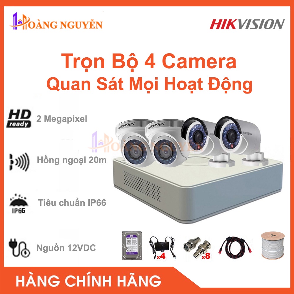 [NHÀ PHÂN PHỐI] Trọn Bộ 4 Camera 2MP Hikvision 2 Camera Ngoài Trời DS-2CE16D0T-IRP và 2 Camera Trong Nhà DS-2CE56D0T-IRP