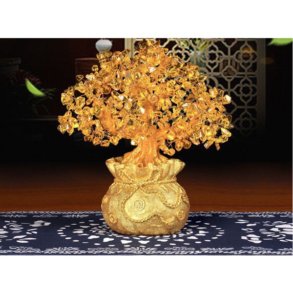 [Pháp Bảo Minh Châu] CÂY CHIÊU TÀI BÌNH KIM BẢO ĐÍNH ĐÁ 25CM - PHÁT TÀI PHÁT LỘC