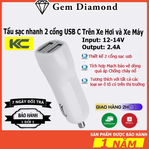 Tẩu Sạc Nhanh 2 Cổng USB C Trên Xe Ô Tô Chính Hãng KC CQ85 Sạc Siêu Nhanh 2.4A