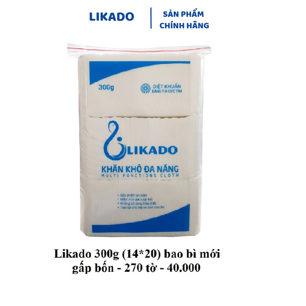 Khăn khô đa năng cho bé Likado dùng cho trẻ sơ sinh loại 300g kích thước (15x20cm) 270 tờ/ gói ( 1 GÓI)