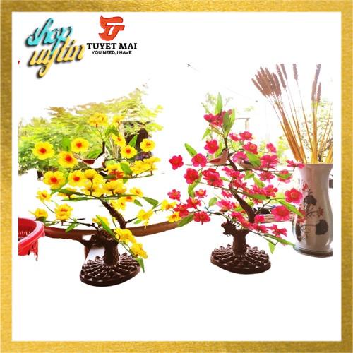 Hoa mai, đào giả trang trí tết để bàn, tặng 2 chú chim non và 8 tấm đề can trang trí tết chữ phúc