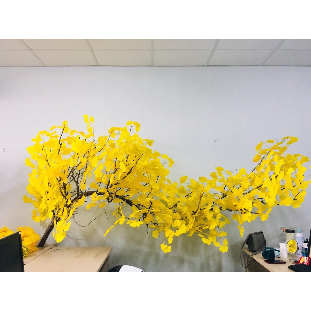 Bó 12 cành Lá ngân hạnh decor lá giả, lá vàng trang trí cành cây giả cao cấp hàng nhập khẩu loại 1 tươi sáng bền màu