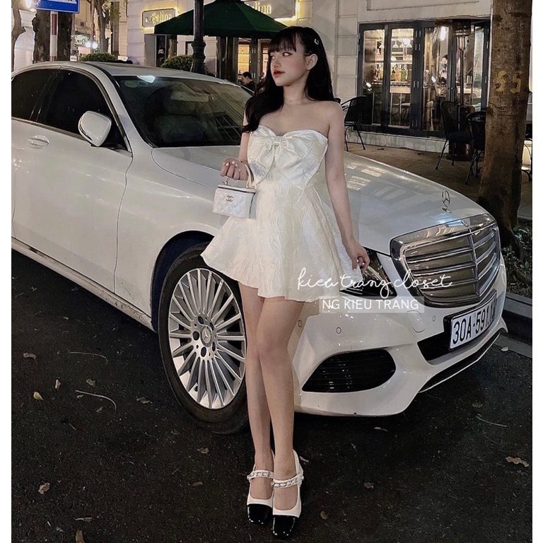 Váy Gấm Mầu Kem Nơ Ngực Dáng Xoè/ Adeirlina Dress