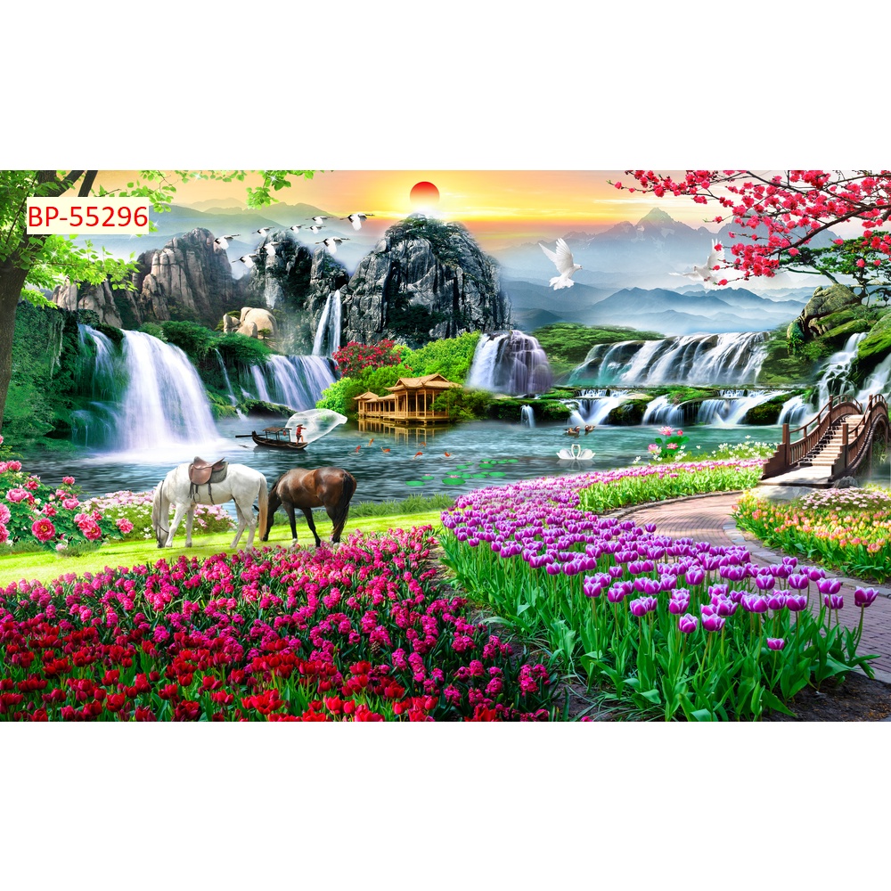 Tranh dán tường vườn hoa nở rộ tuyệt đẹp, trong lành, có không khí mùa xuân đến