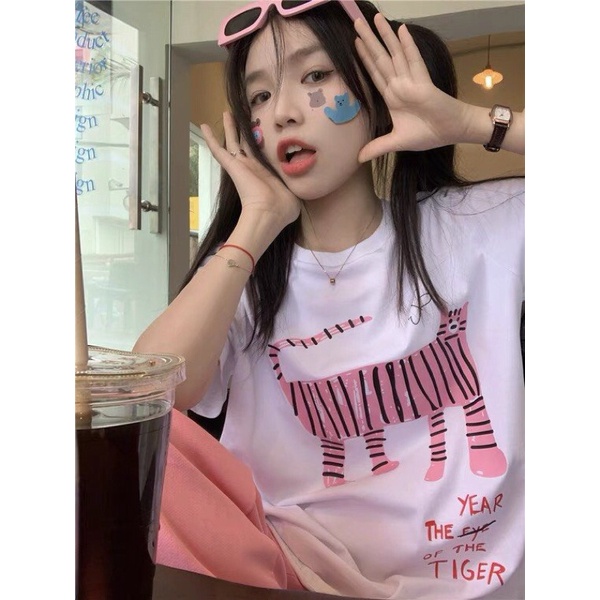 Áo thun tay cộc dễ thương, Áo thun nữ in hình thú hồng siêu xinh