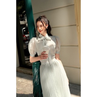 Sơ mi organza silk cổ đức buộc nơ xanh -hbsm913, hbz354