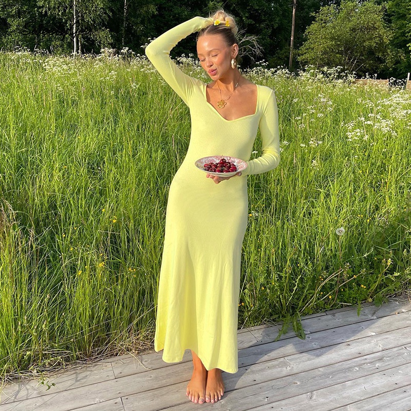 Đầm Maxi Tay Dài Cổ Chữ V Màu Trơn Thời Trang 2022 Quyến Rũ Cho Nữ