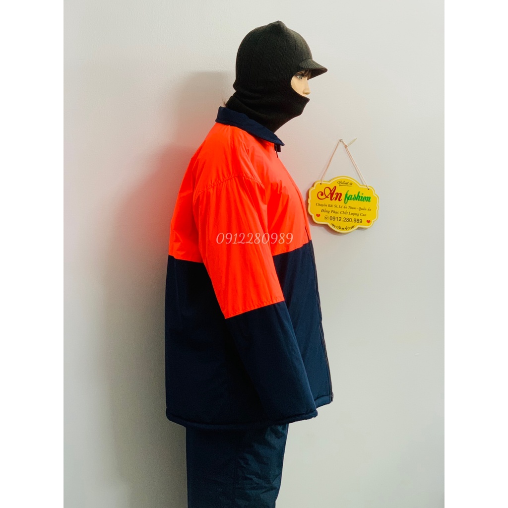Quần áo bảo hộ trong kho đông lạnh -30 độ có lót lông ấm áp màu xanh đen phối cam neon _ Hình chụp thật