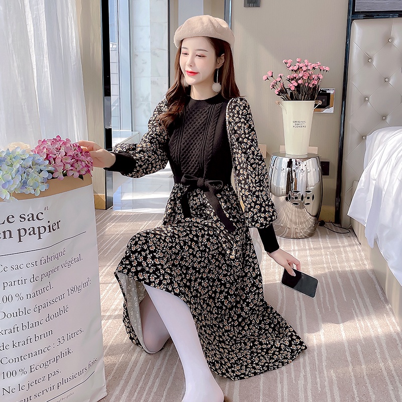 Đầm nữ hoa nhí thu đông, váy nữ mùa đông dáng xoè phối len chất đẹp 2021