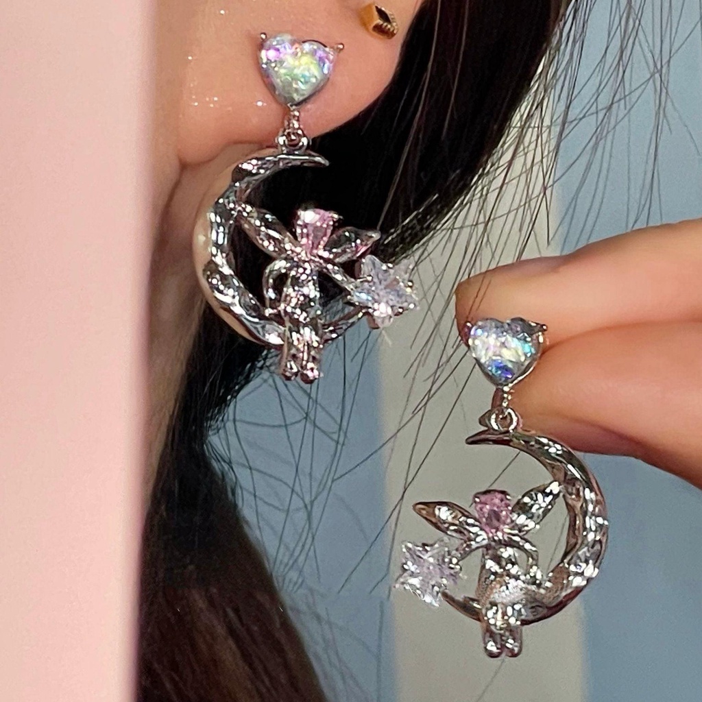 Love Zircon Star Stud Earrings Women's New Earrings Explosive Summer Earrings Fashion Personality Niche Design Moon Elf Earrings Women