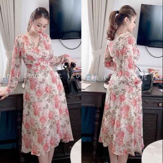Đầm hoa xòe tay dài cổ V đắp chéo Cao Cấp