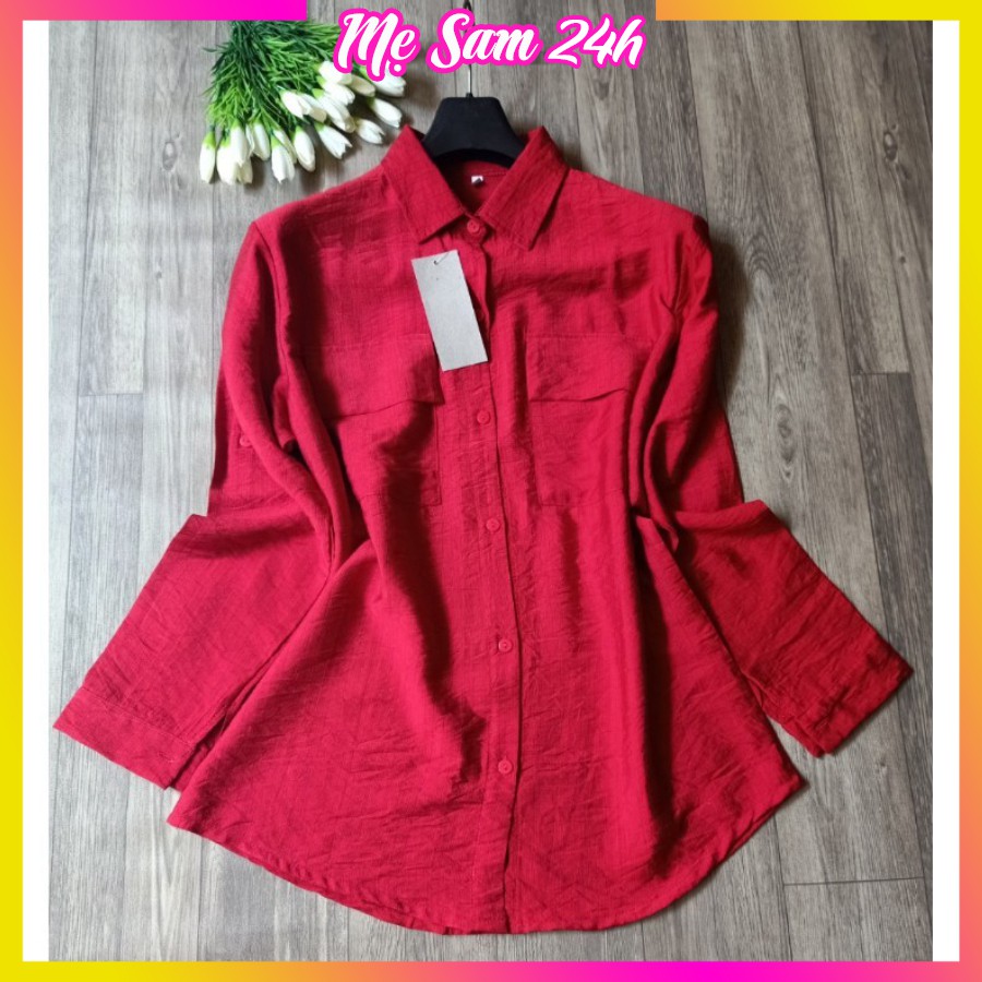 Áo sơ mi nữ dài tay form rộng, sơ mi đũi Mẹ Sam 24h, chất liệu mềm mát, size từ 40 đến 85kg SMH.47