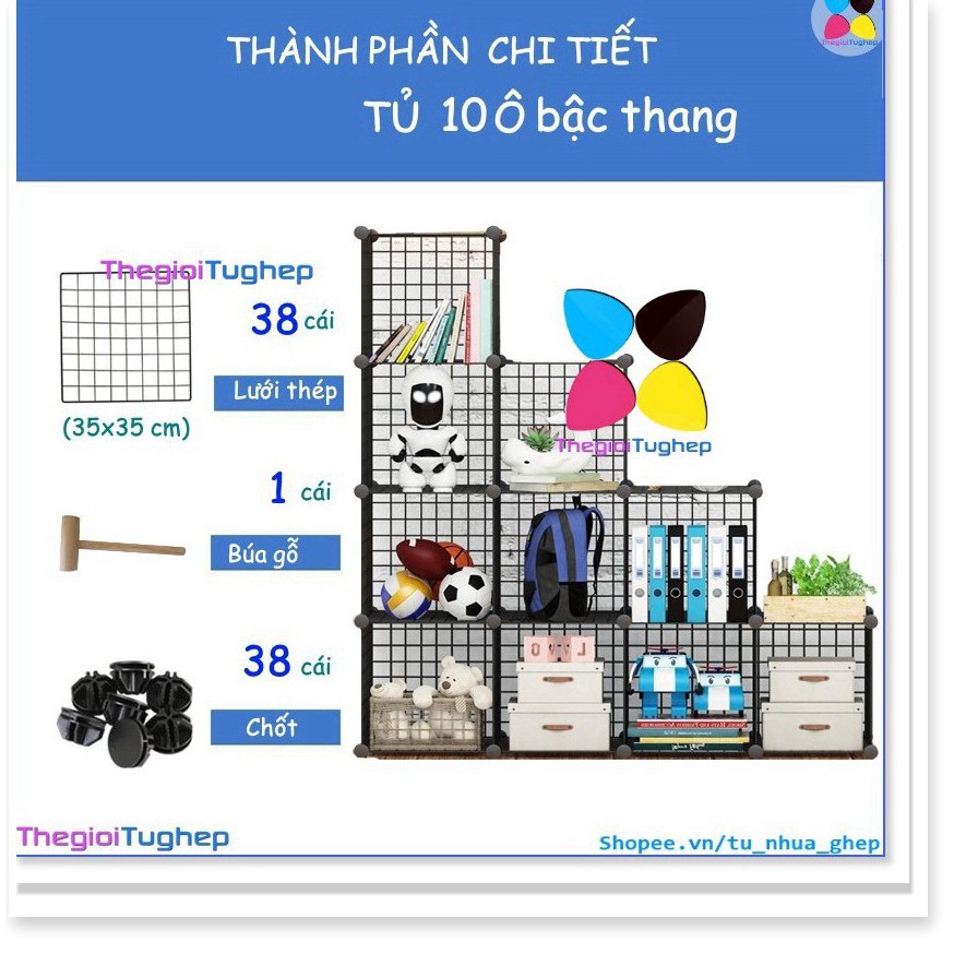 SZ- Tủ lưới sắt lắp ghép đa năng hiện đại để sách, đồ dùng trang trí phòng làm việc 10 ô hình bậc thang (38 sắt đe