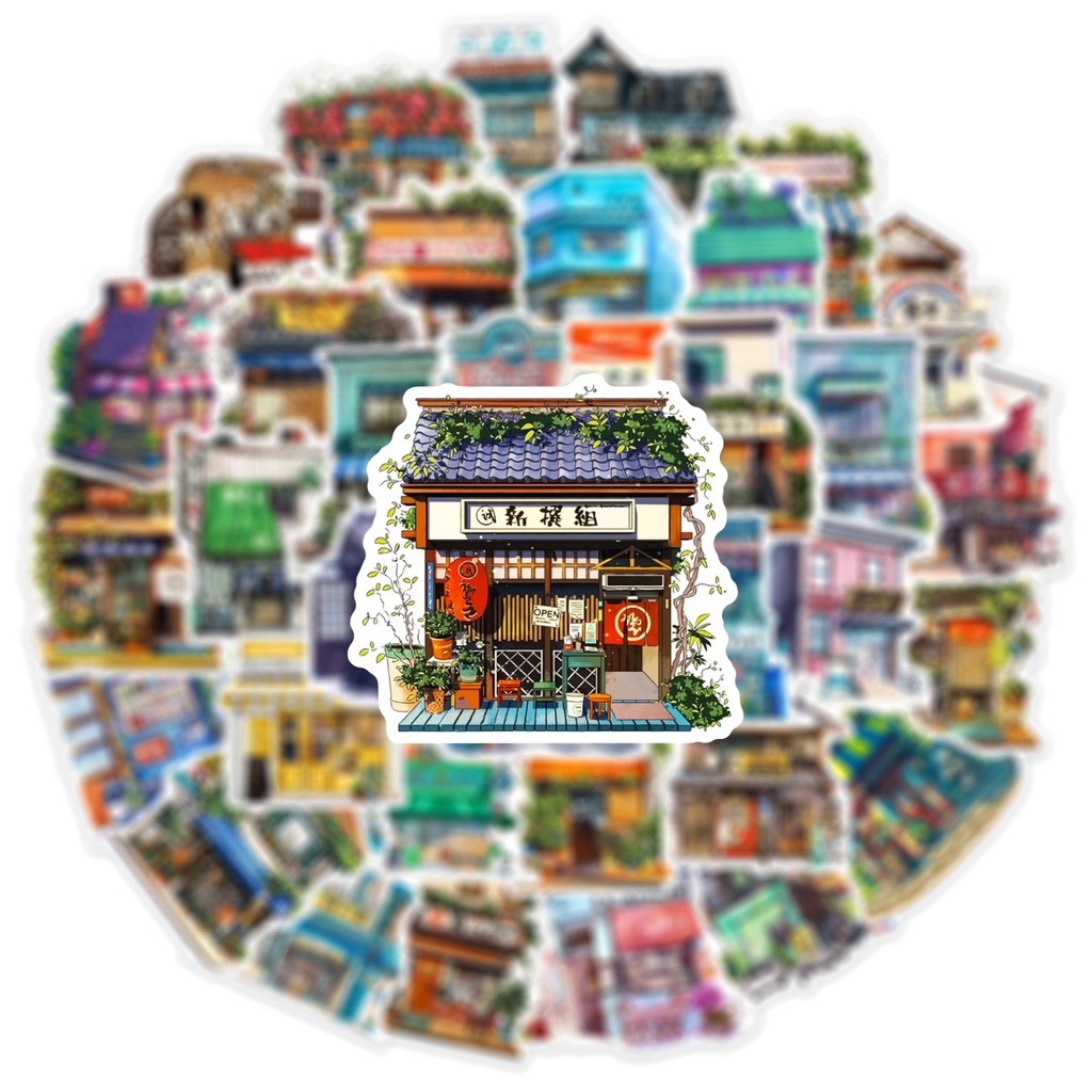 Set 50 Sticker Dán Trang Trí Điện Thoại / Laptop Hình Cửa Hàng Nhật Bản Dễ Thương