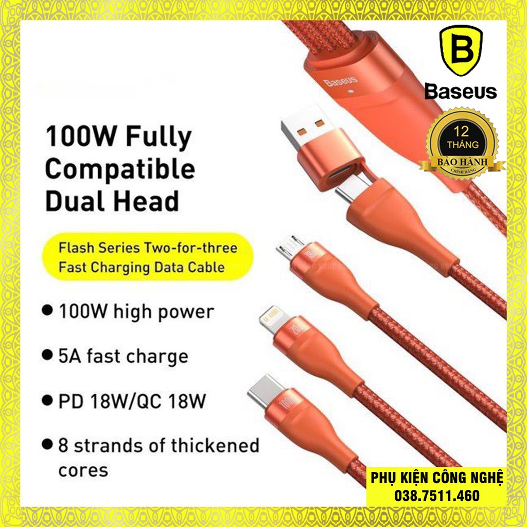 Cáp sạc nhanh 3 in 1 Baseus Flash Series Plus (USB+ Type C to Micro+Lightning + Type C, 100W Quick Charge and Data Cable