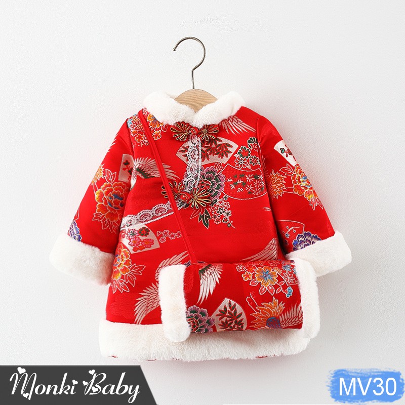 Đầm TẾT bé gái trần bông kèm túi đeo xinh xắn, hoạ tiết thêu nổi sang trọng tinh tế, viền lông trắng điệu đà | MV30