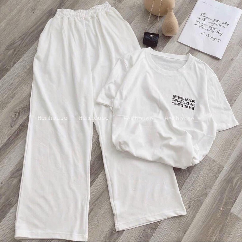 Quần trắng nữ cộng set áo cổ tròn Monster-style Unisex phông trơn cộc tay lỡ oversize trắng đen cotton | BigBuy360 - bigbuy360.vn