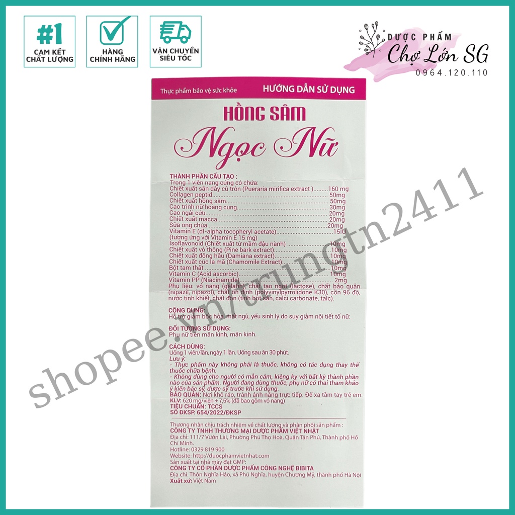 Viên uống hồng sâm ngọc nữ hỗ trợ giảm bốc hỏa, mất ngủ do suy giảm nội tiết tố - Chai 30 viên