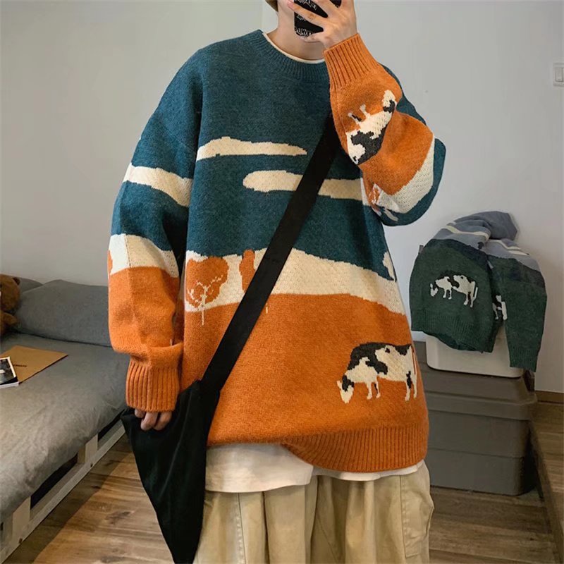 Áo sweater nam dệt kim cổ tròn tay dài dáng rộng in họa tiết hoạt hình phong cách đường phố Hàn Quốc sành điệu M-2XL