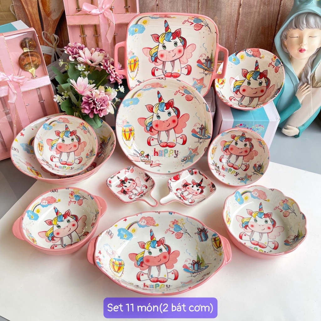 [Set] Bát Đĩa Chén Dĩa Sứ Pony Hồng Bát Ăn Cơm, Tô Sứ Decor Dễ Thương